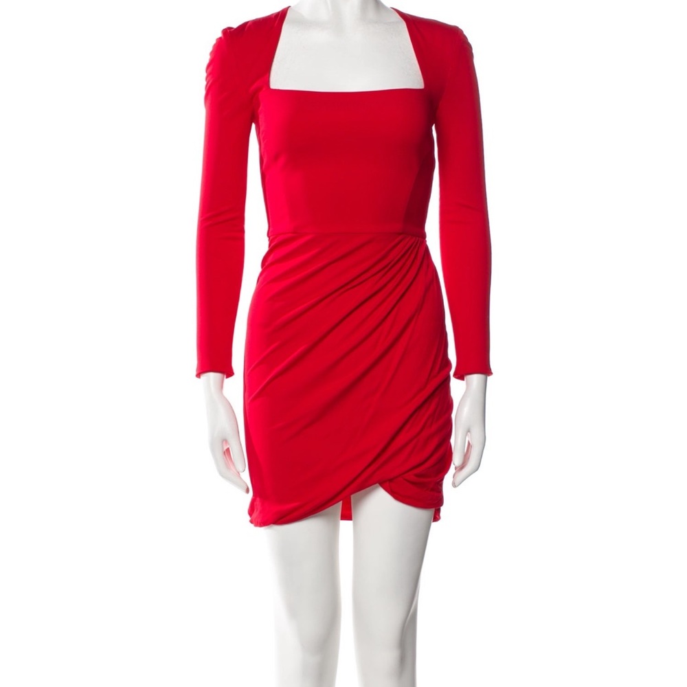 Versace Red Asymmetrical Puff Sleeve Cocktail Dress